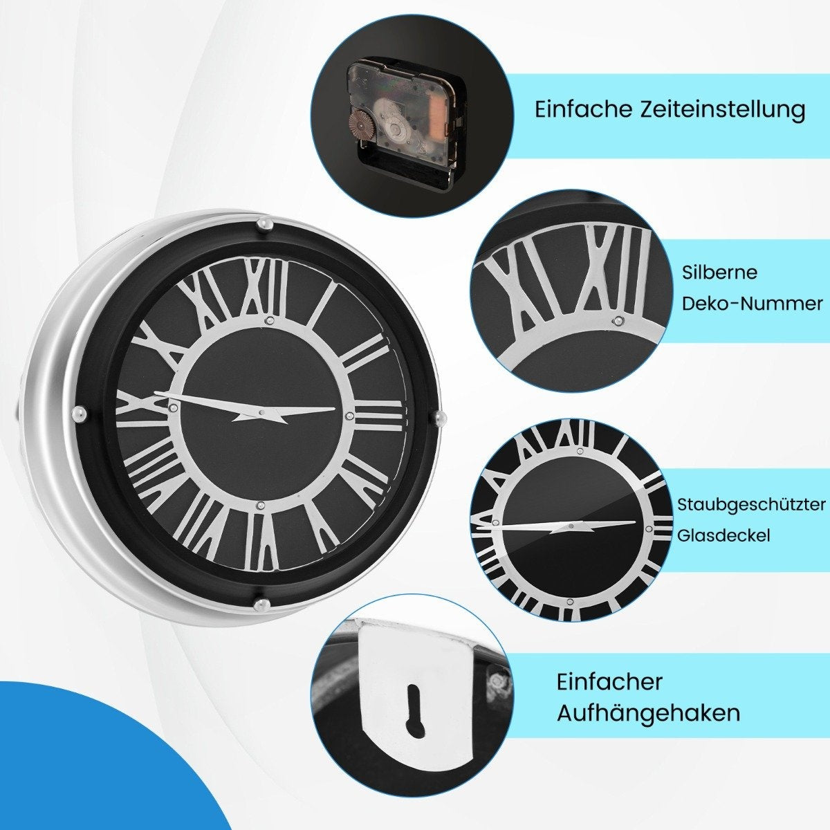 Ø 34.5 cm quiet wall clock with silver frame & Roman dial without ticking noises - Ø 34.5 cm