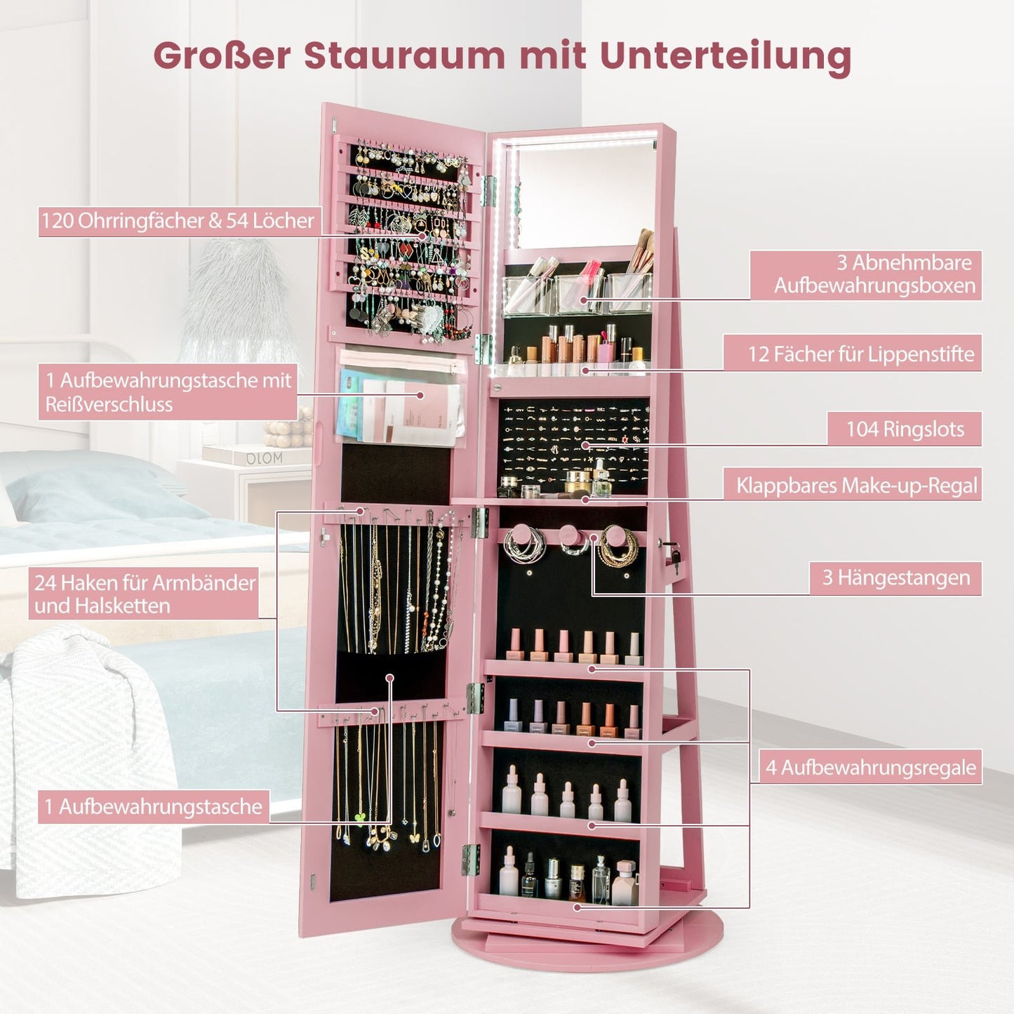 360 Rotating Jewelry Cabinet with LED Lights and Mirror