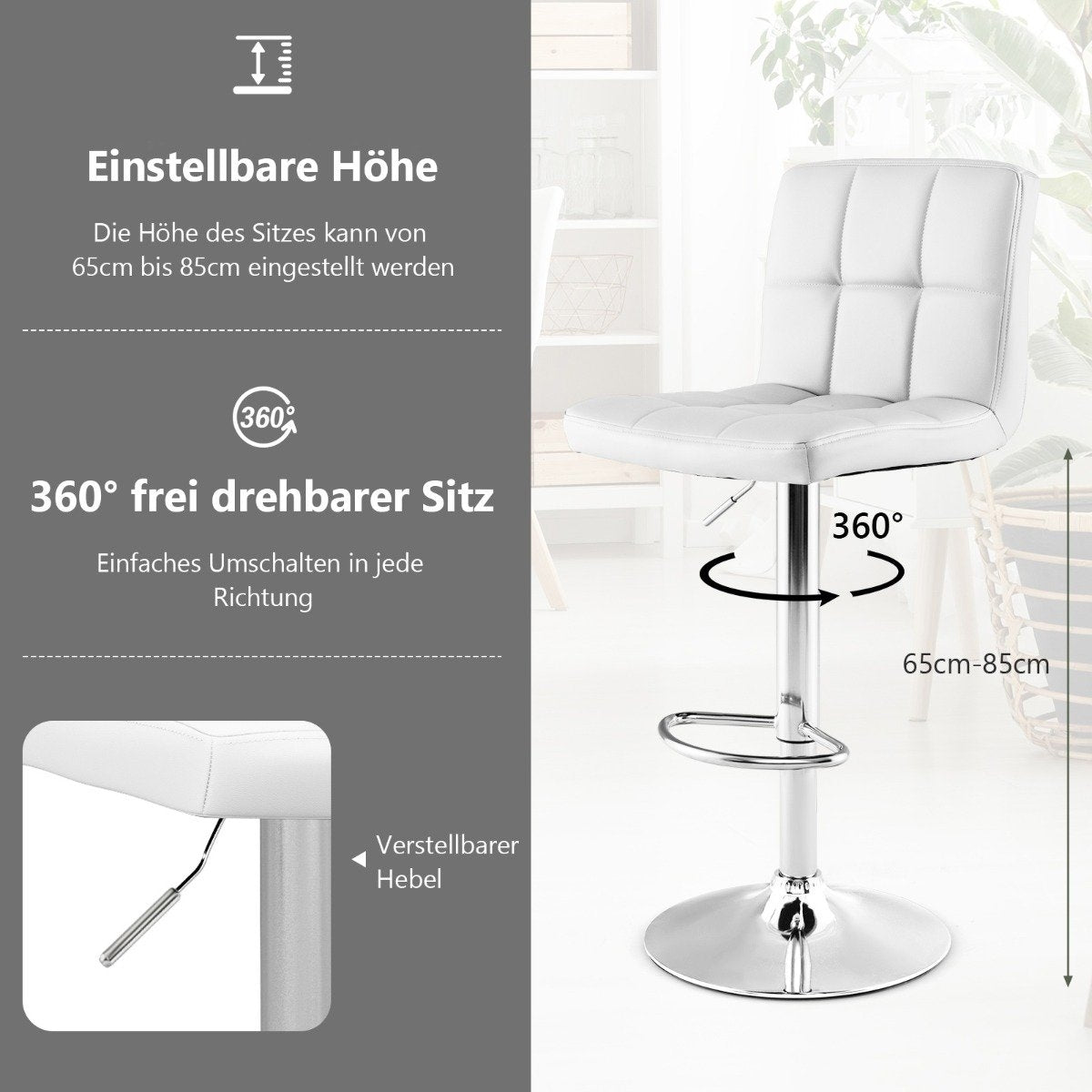 360° rotating bar stool made of faux leather, height-adjustable bar stool, white