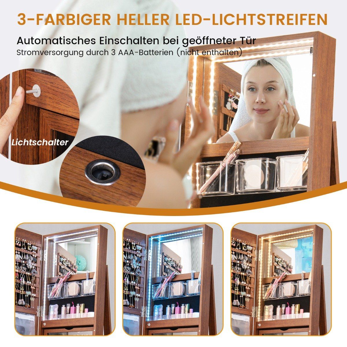 360° rotating jewelry cabinet with three-color LED lights, free-standing wooden mirror cabinet