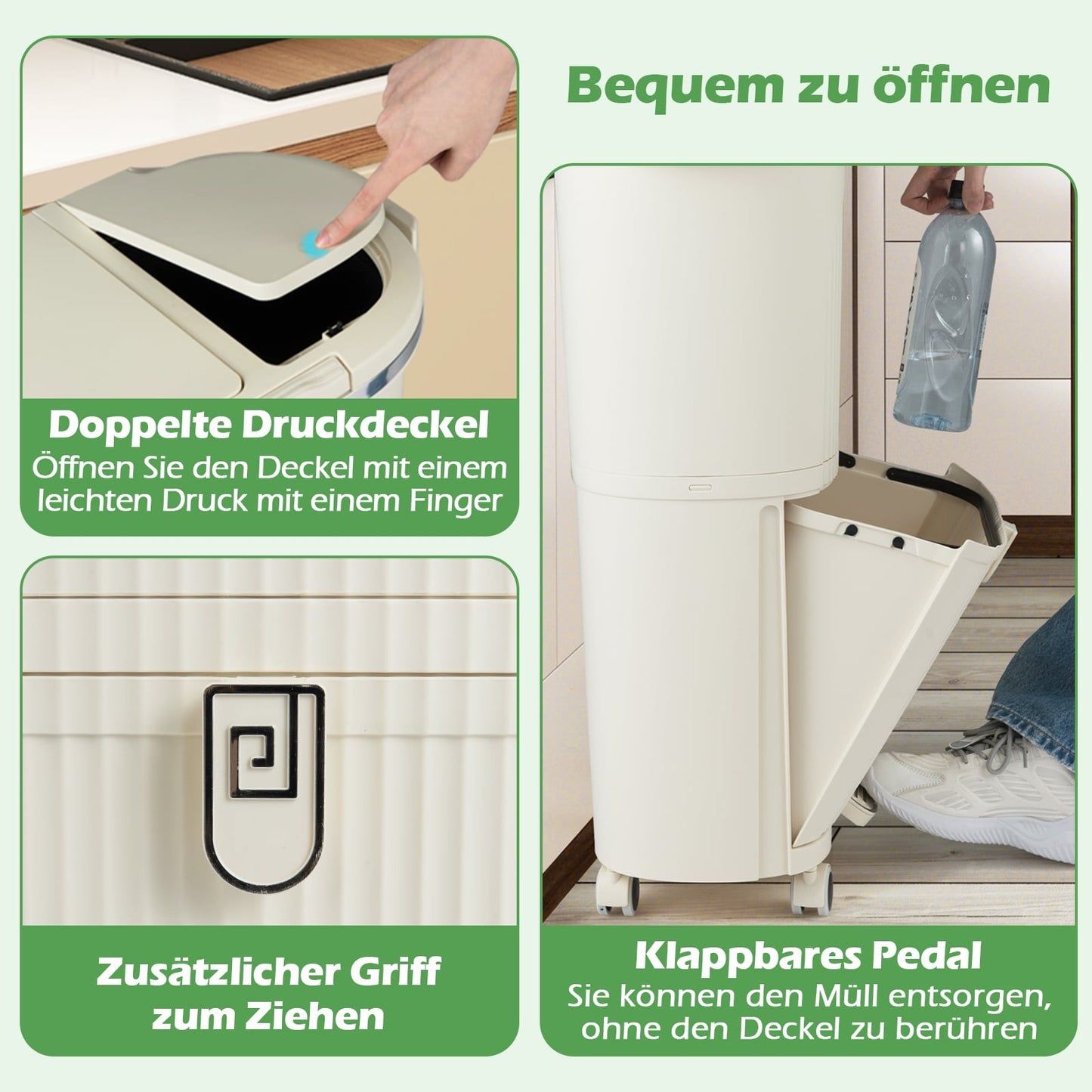 38L Trash Bin with 2 Removable Buckets & Lid, Beige