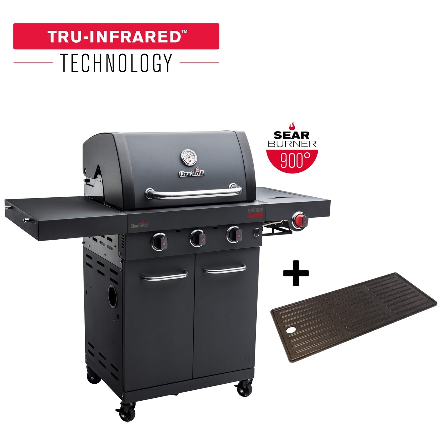 3-Burner Gas Grill with Infrared Sear Burner, Cast Iron Grates