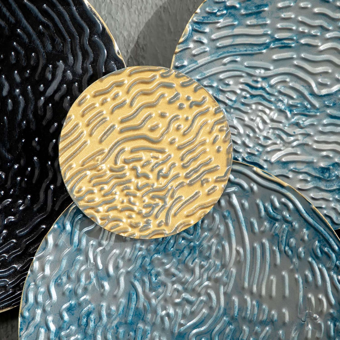 3D metal wall art - modern sculpture, gold/black/blue, 121x53 cm