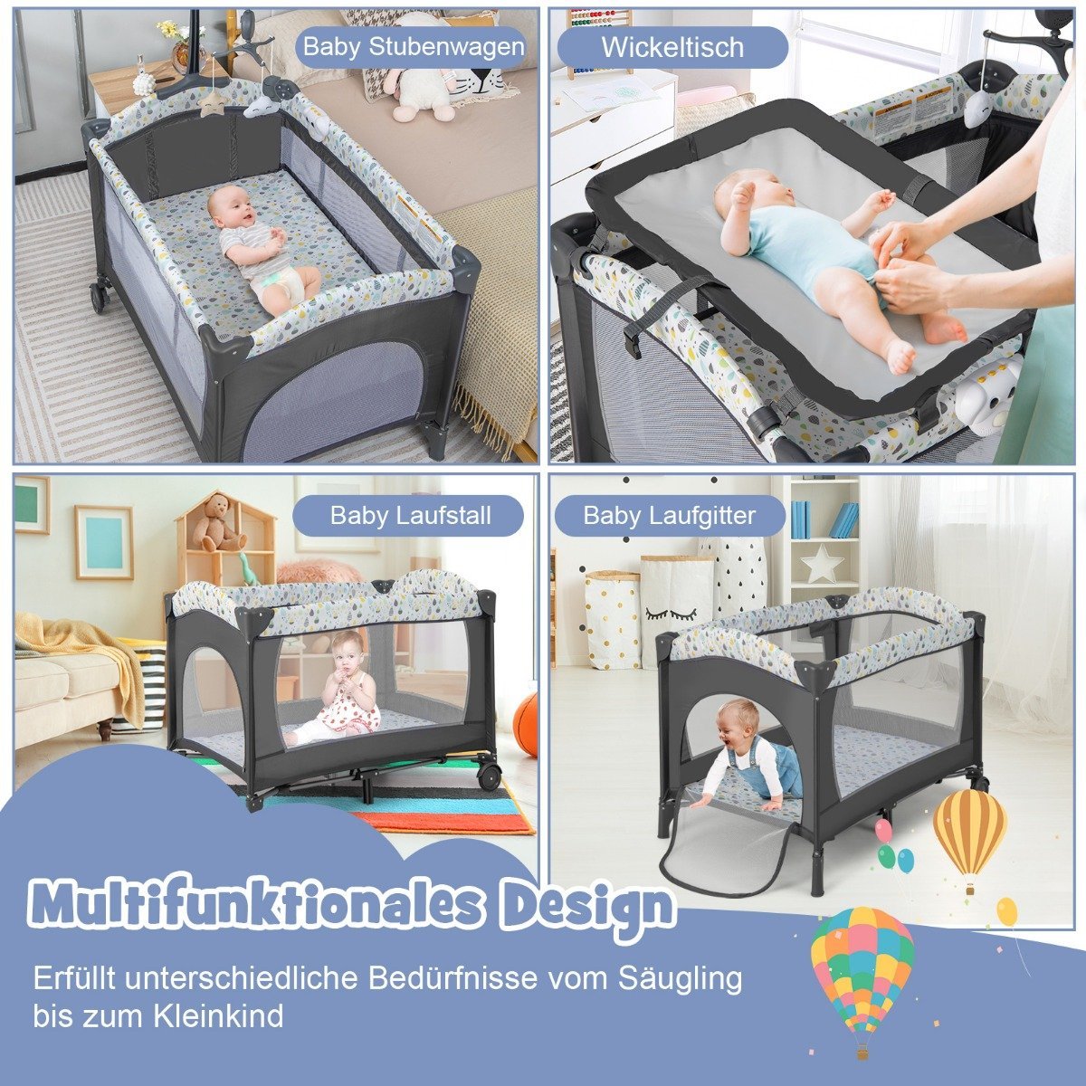 3 IN 1 side bed folding travel bed with mattress hanging toy beige
