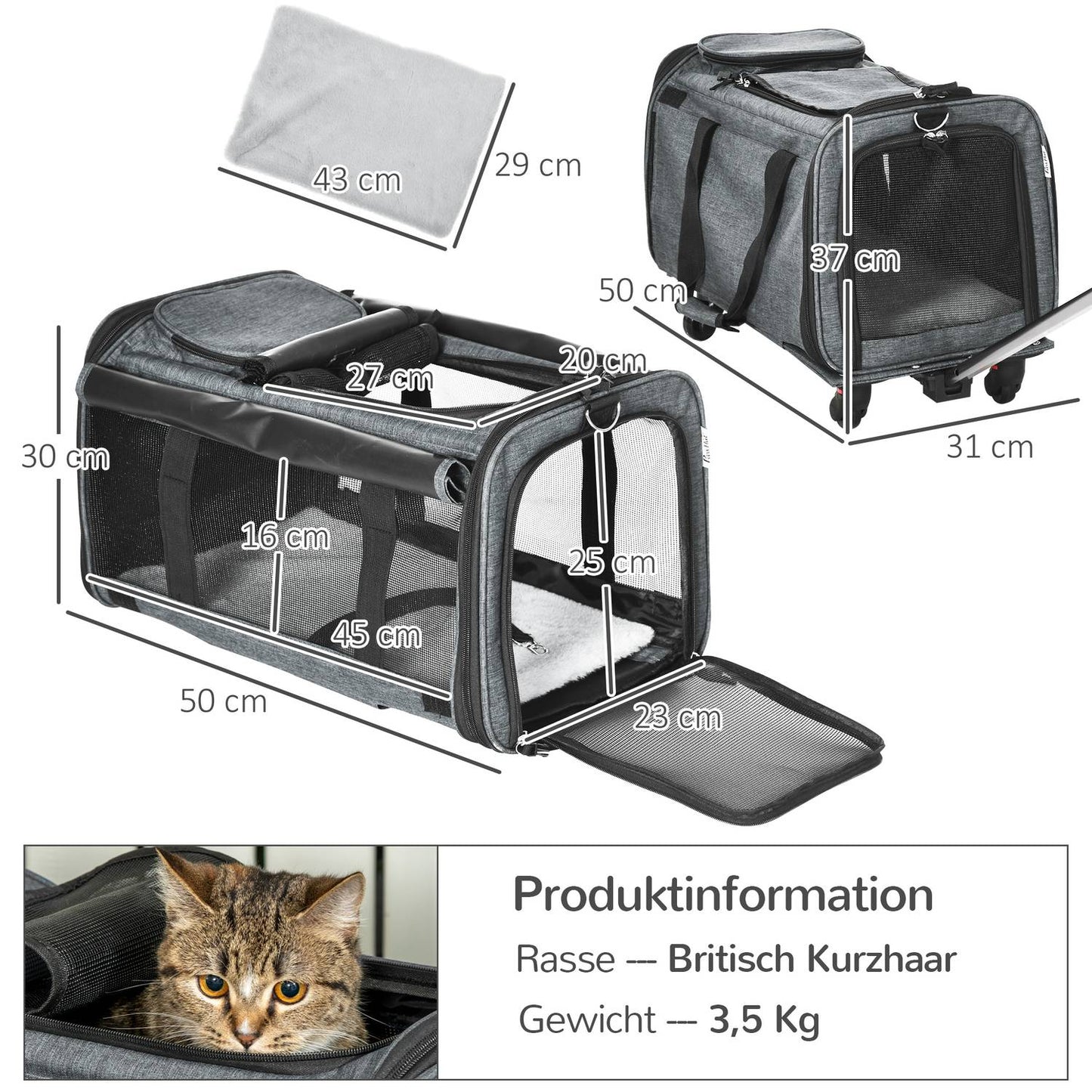 Pet Transport Cart - 3-in-1, Telescopic Handle, Gray