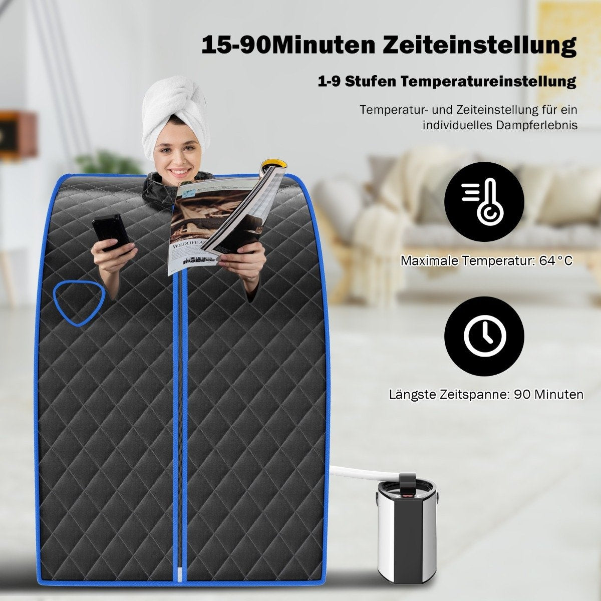 3L 1000W Mini Steam Sauna with Mist Function Home Sauna 78 x 87 x 101 cm Black