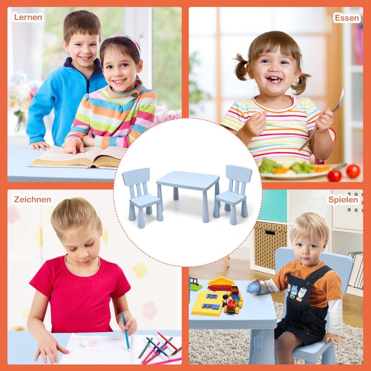 3 PCS. Children's seating group, children's table with 2 chairs, children's furniture made of blue plastic