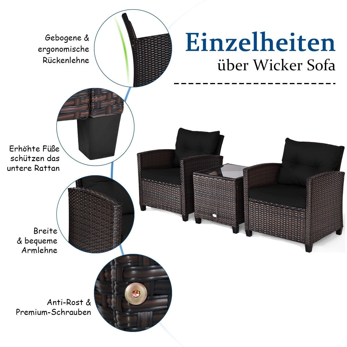 3 PCS. Rattan garden furniture set, balcony furniture, garden lounge with seat cushions and coffee table, black