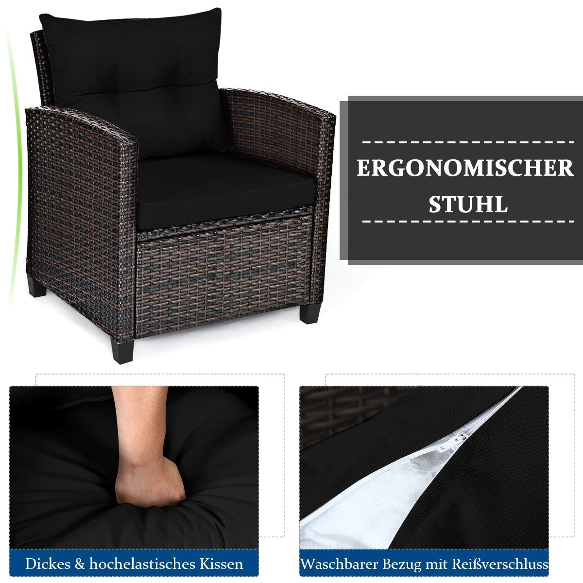 3 PCS. Rattan garden furniture set, balcony furniture, garden lounge with seat cushions and coffee table, black