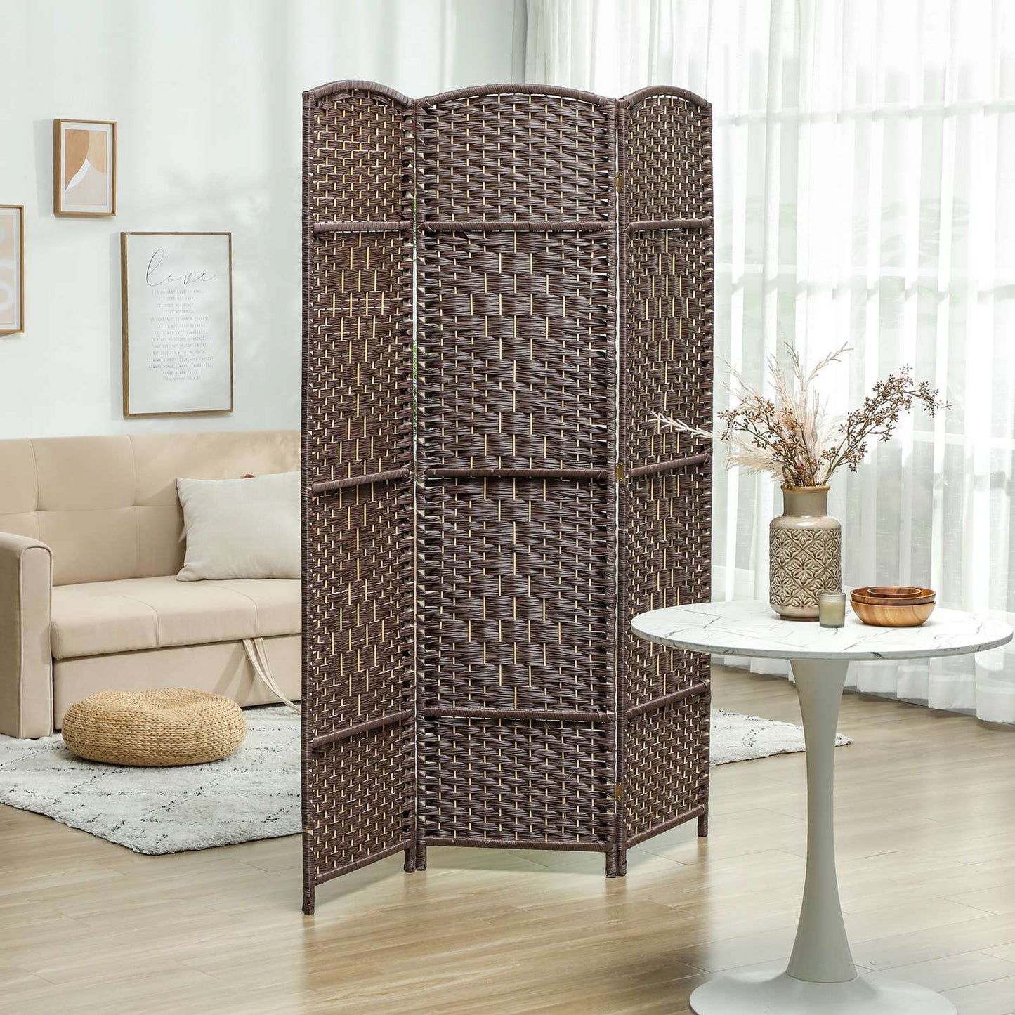 3-Panel Folding Room Divider, Brown Polypropylene, Pine Wood