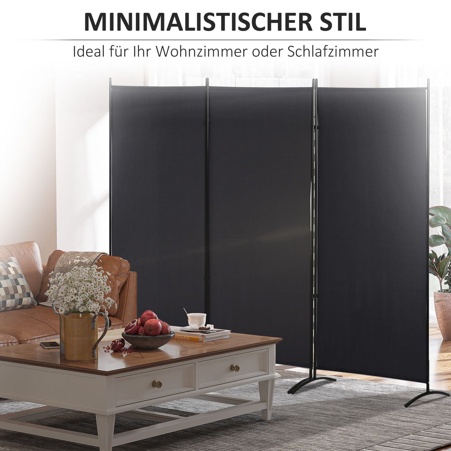 3-Panel Room Divider, Black Metal Frame, Privacy Screen