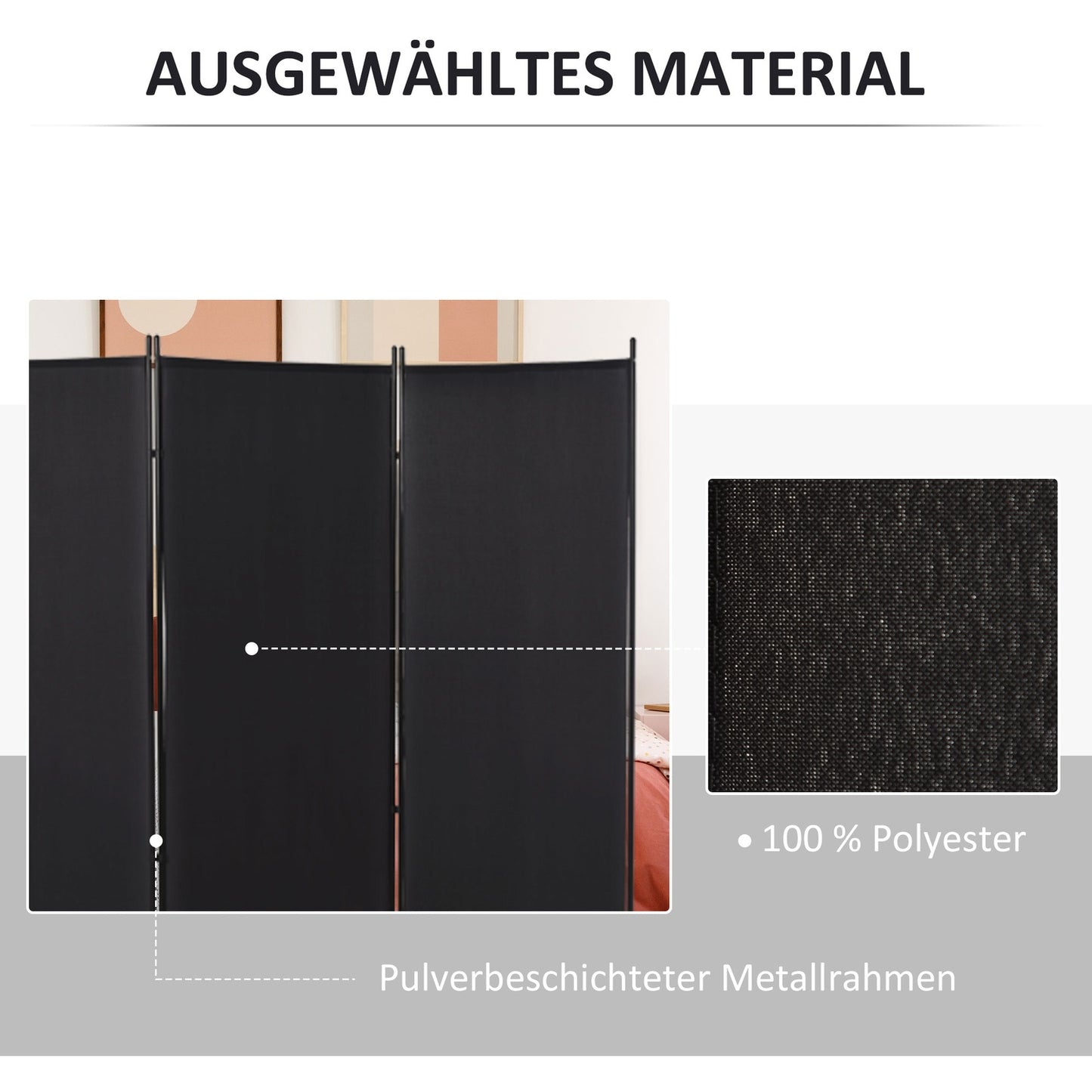 3-Panel Room Divider, Black Metal Frame, Privacy Screen