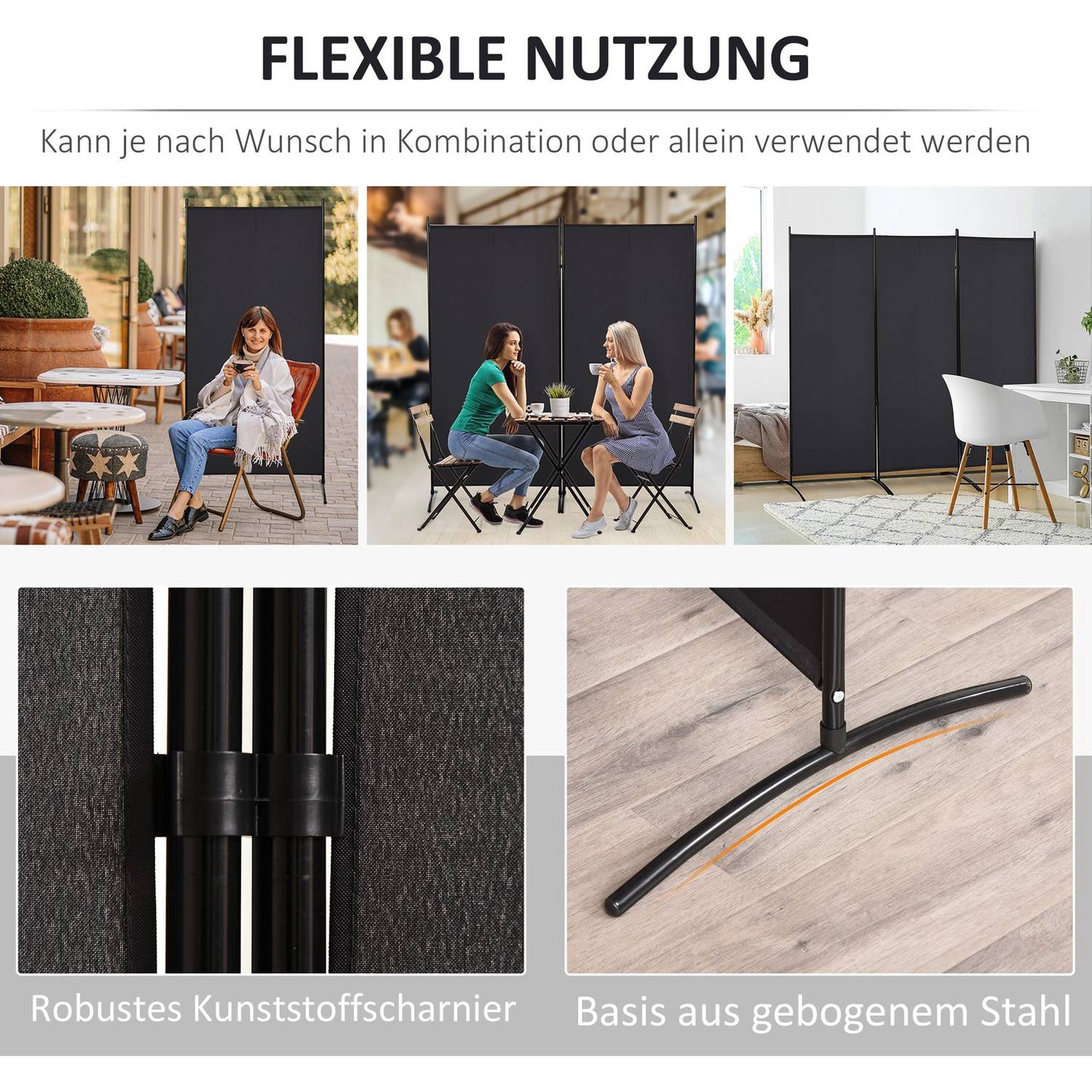 3-Panel Room Divider, Black Metal Frame, Privacy Screen