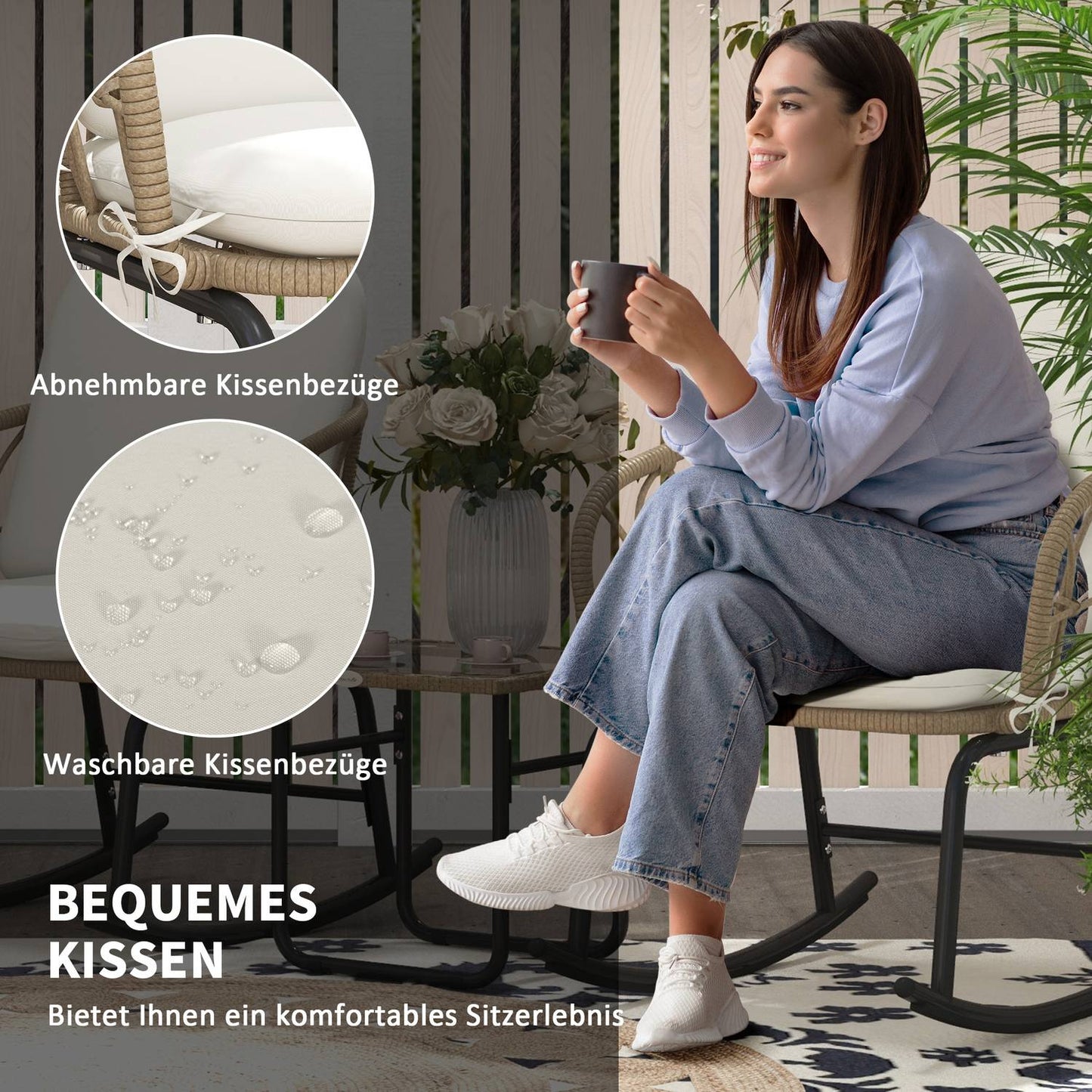 Garden rocking chair set with cushions - 3 pieces