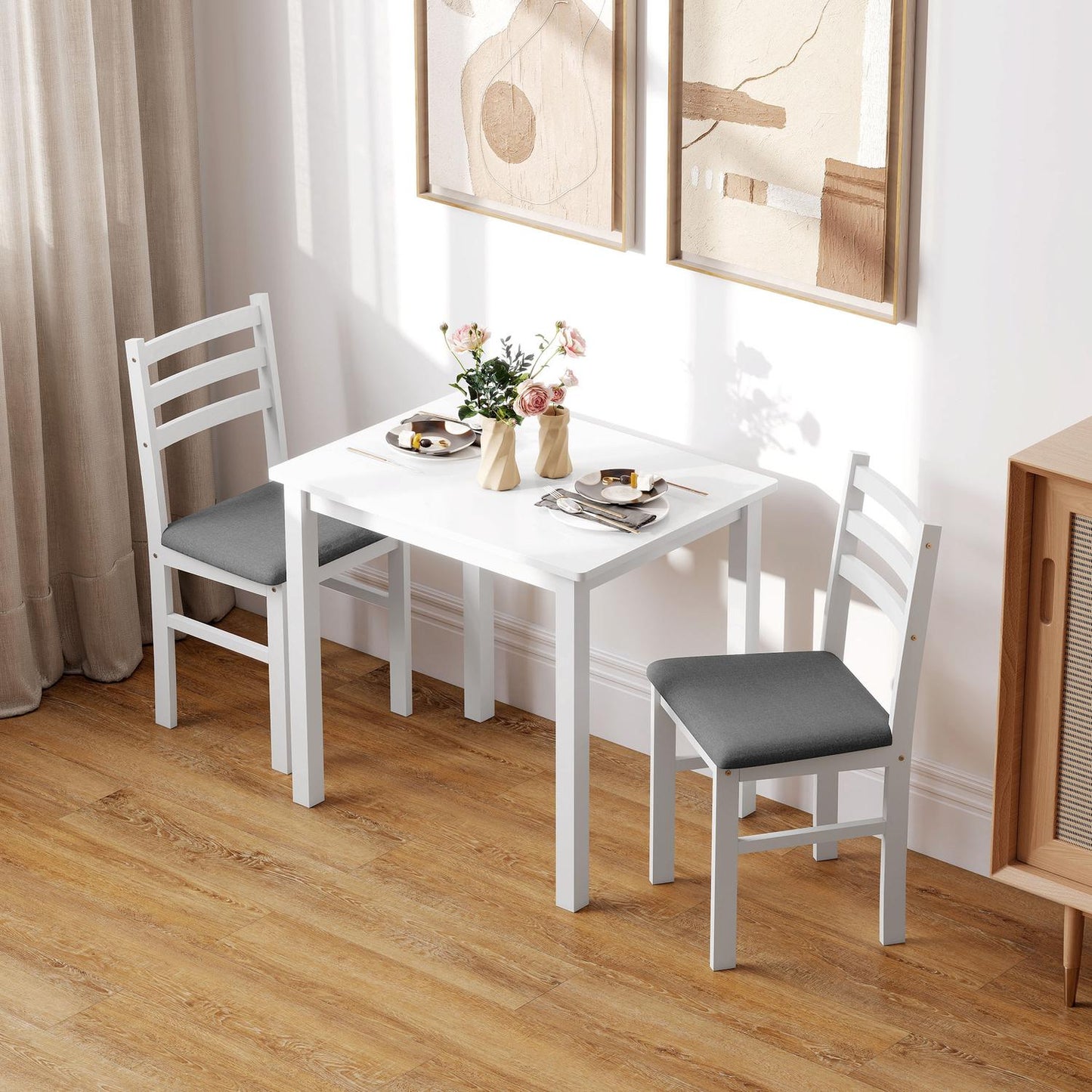 3-Piece Dining Set with 2 Chairs, Space-Saving, White MDF