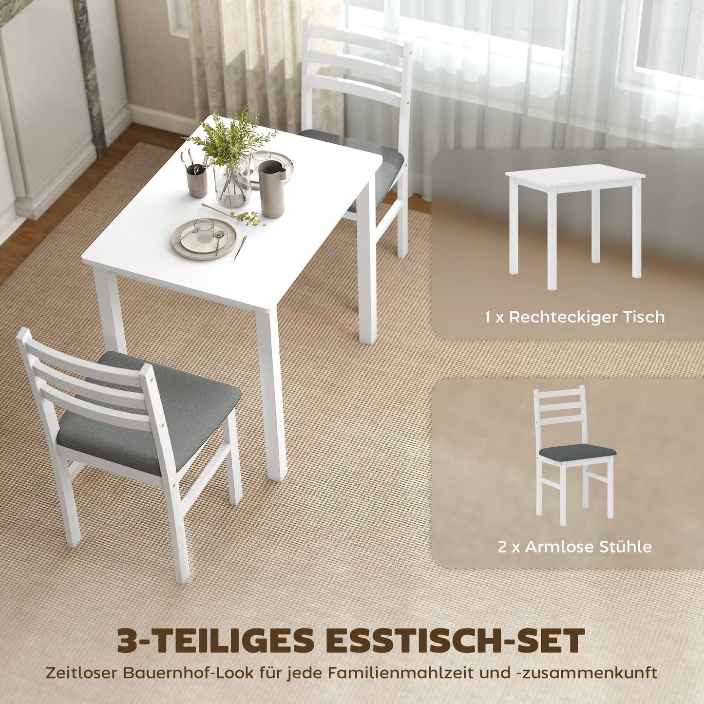 3-Piece Dining Set with 2 Chairs, Space-Saving, White MDF