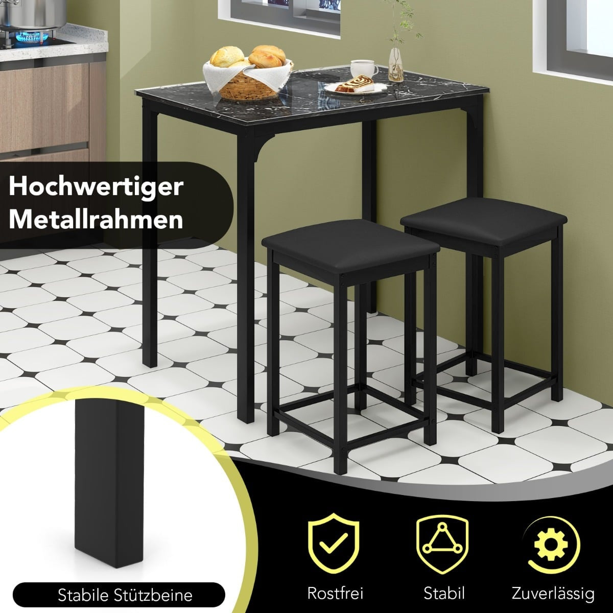 3-Piece Dining Set with 2 Padded Stools, Metal Frame