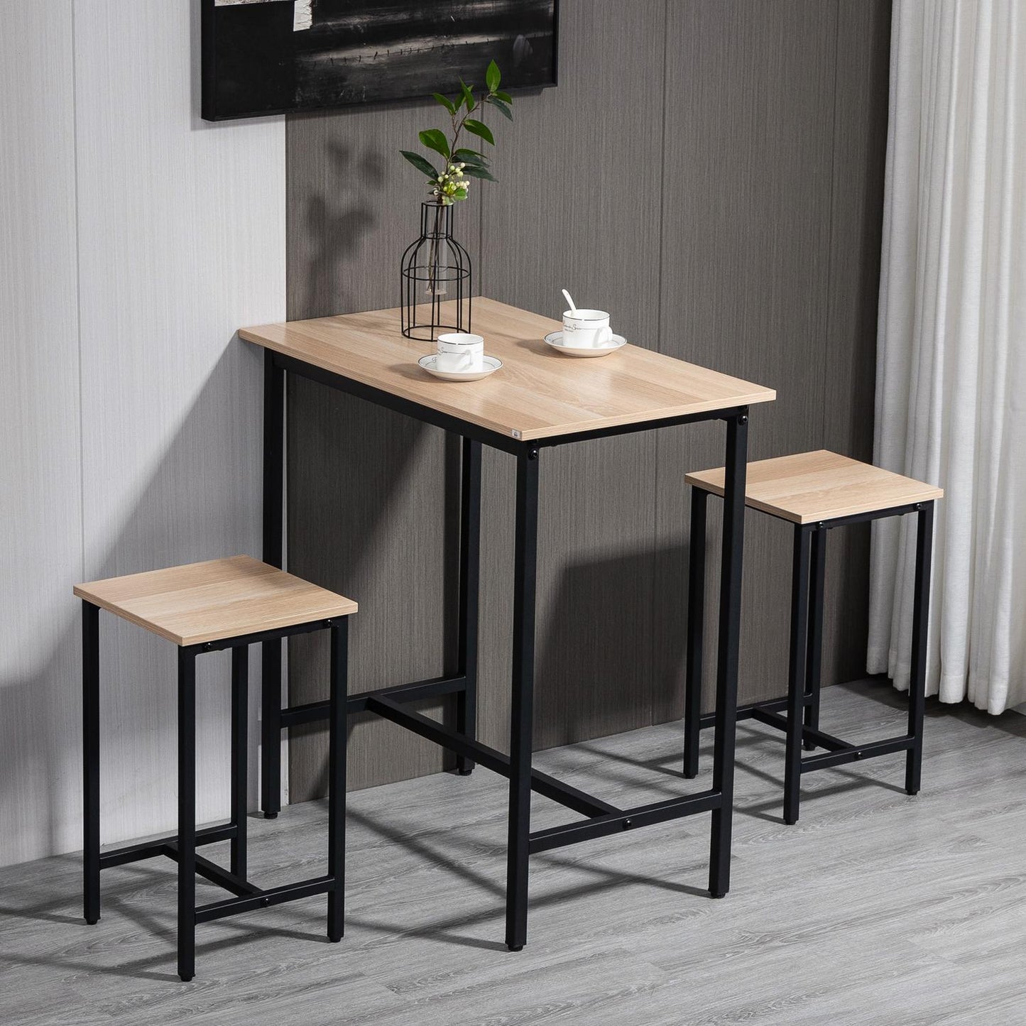 3-piece bistro set, natural wood look and steel, 80x50x85 cm