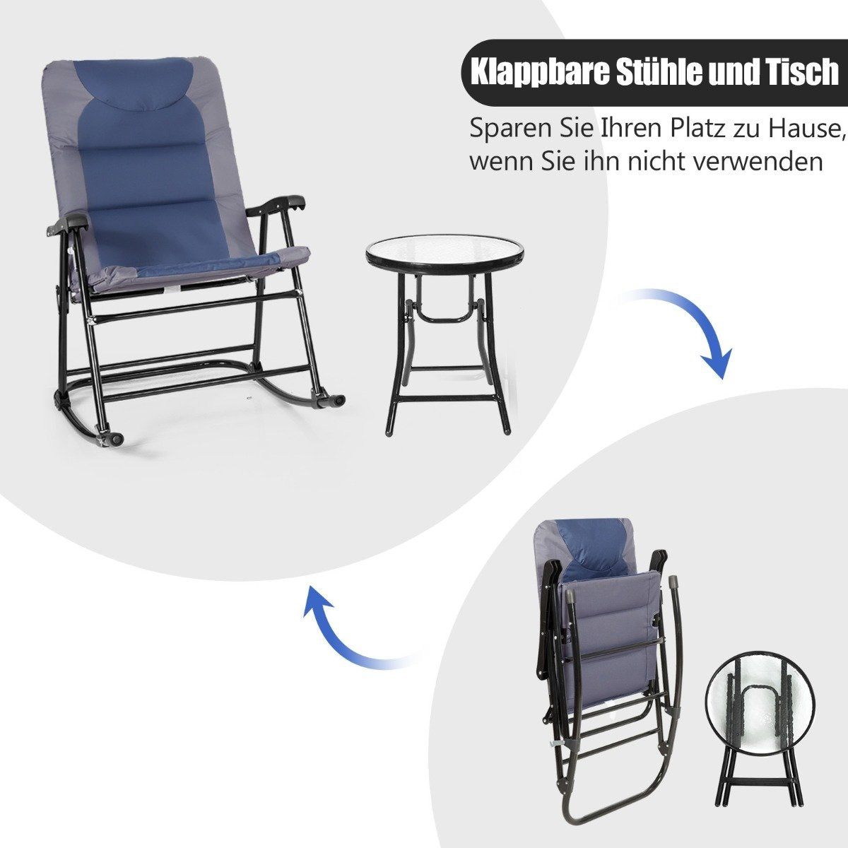 3 Piece Folding Bistro Set Outdoor Rocking Chairs with Table Blue + Gray