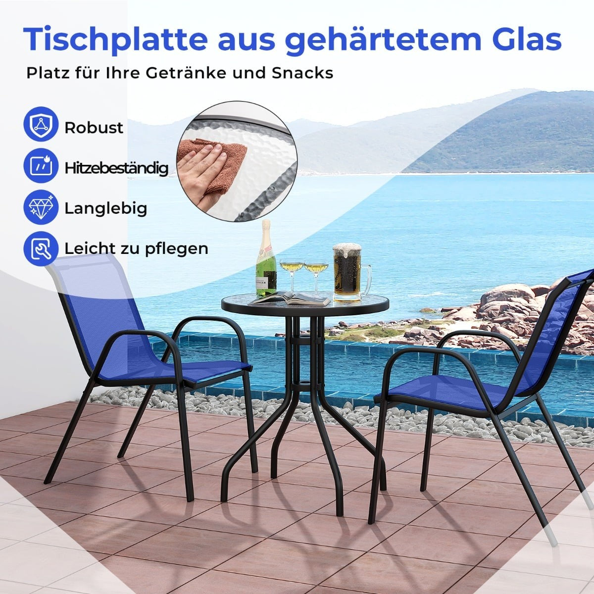 3-Piece Outdoor Bistro Set with Stackable Chairs, Blue