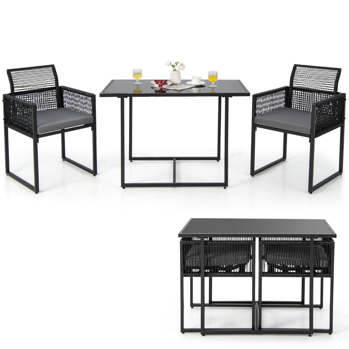 3 Piece Outdoor Dining Set with Folding Backrest & Seat Cushion Patio Furniture Set