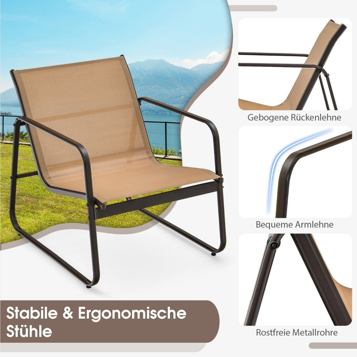 3 Piece Patio Conversation Set Outdoor Metal Chair and Table Set Brown