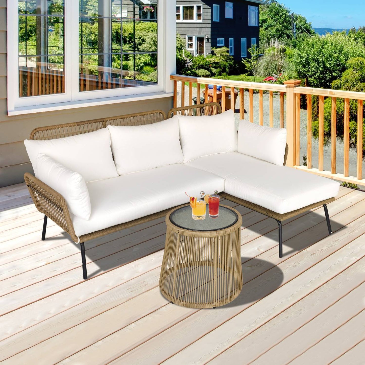 Rattan garden furniture, sofa with chaise longue and table