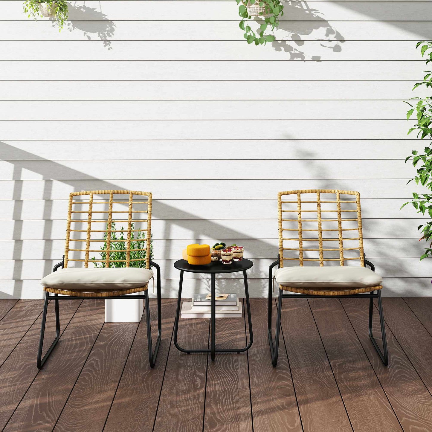 3-Piece Rattan Patio Set, 2 Chairs, 1 Metal Table, Cushions