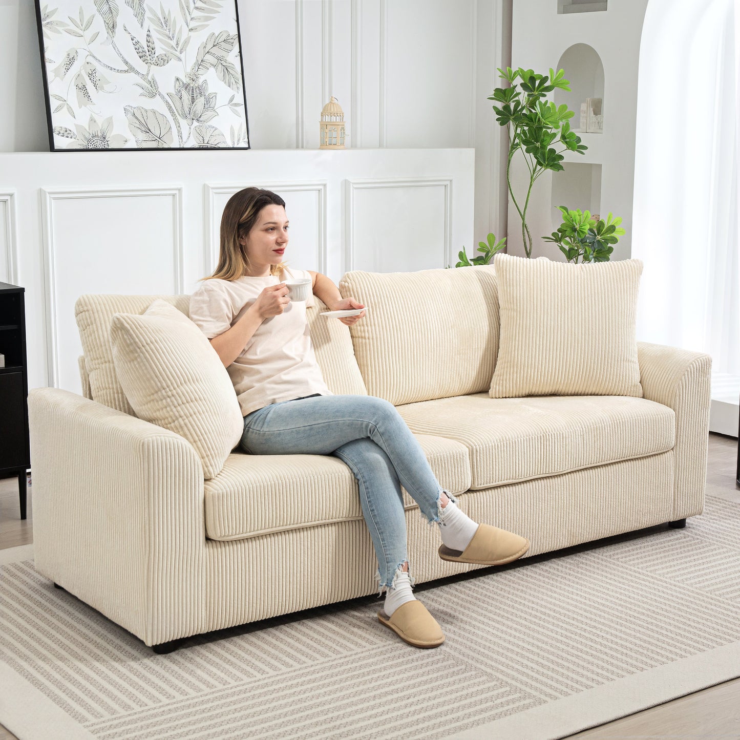 3-Seater Cord Sofa with Cushions, Cream White, 212 cm