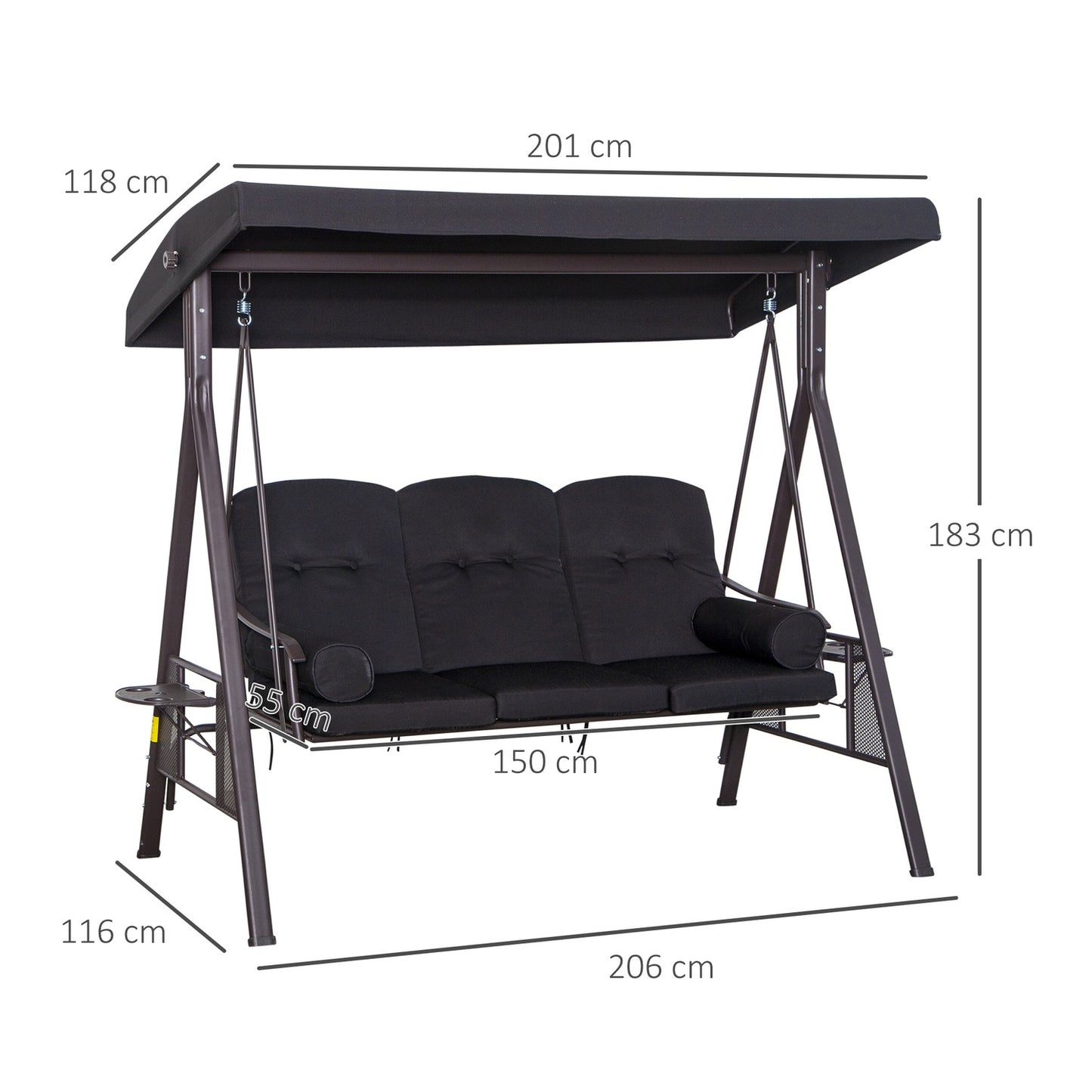 3-seat garden swing with canopy and cushions, black metal