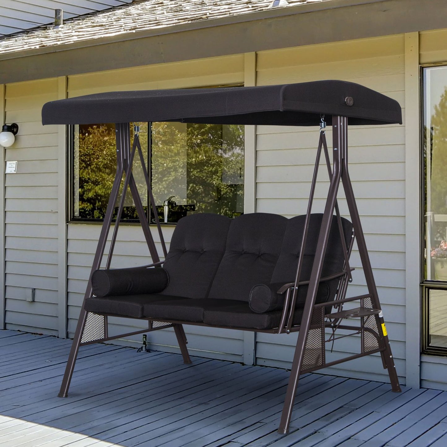3-seat garden swing with canopy and cushions, black metal