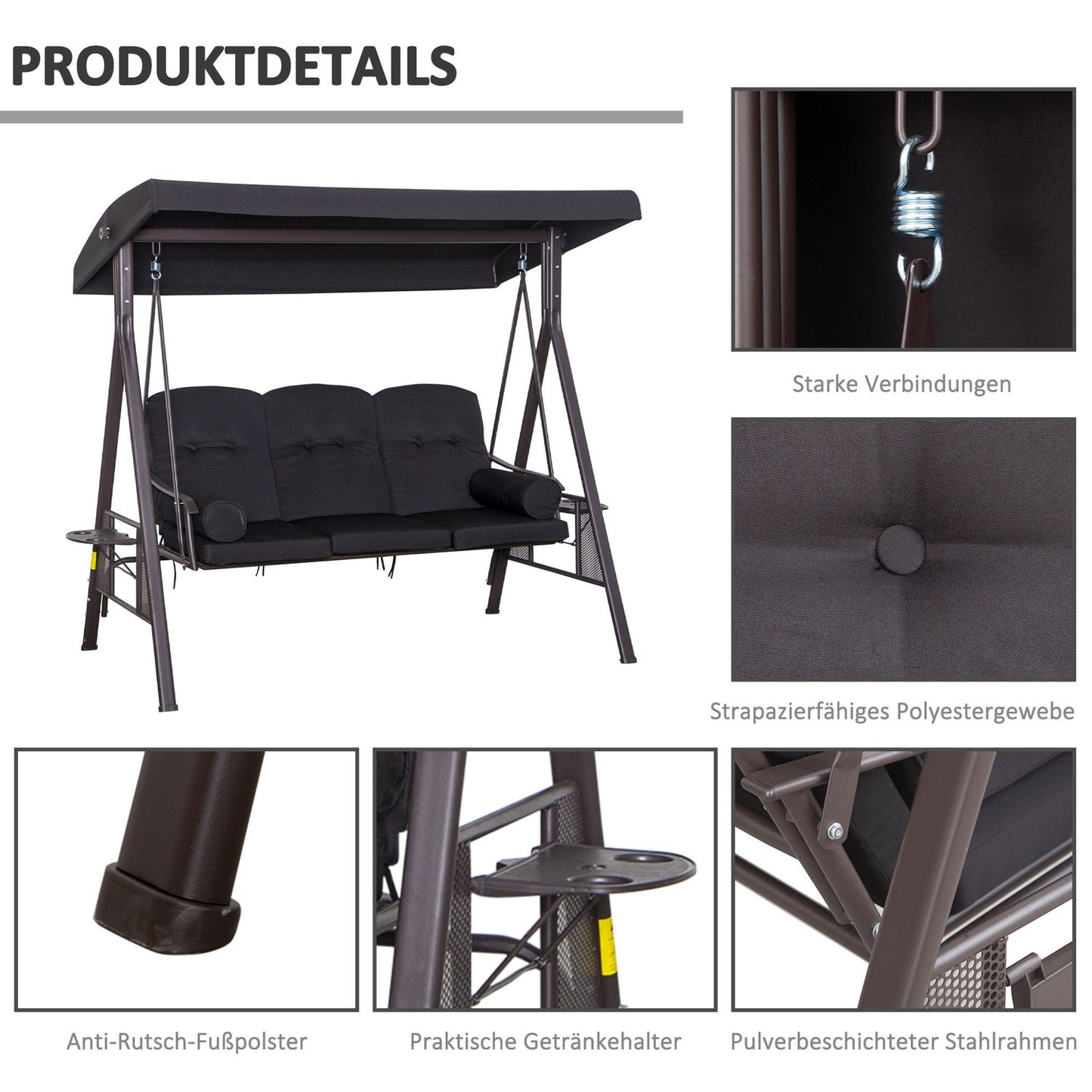 3-seat garden swing with canopy and cushions, black metal
