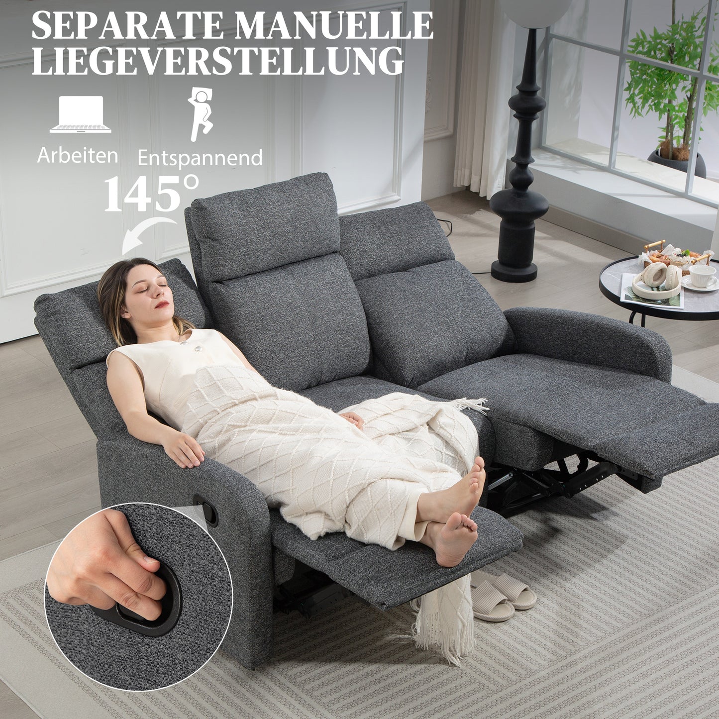 3-Seater Recliner Sofa, Adjustable Backrests, Grey Fabric