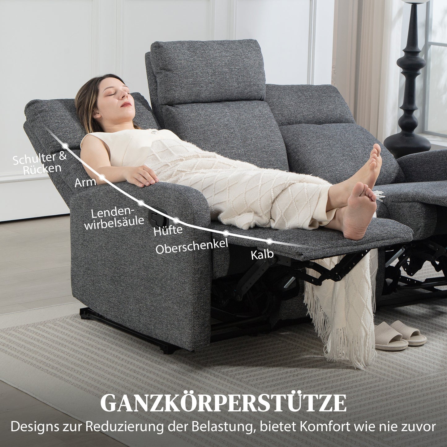 3-Seater Recliner Sofa, Adjustable Backrests, Grey Fabric