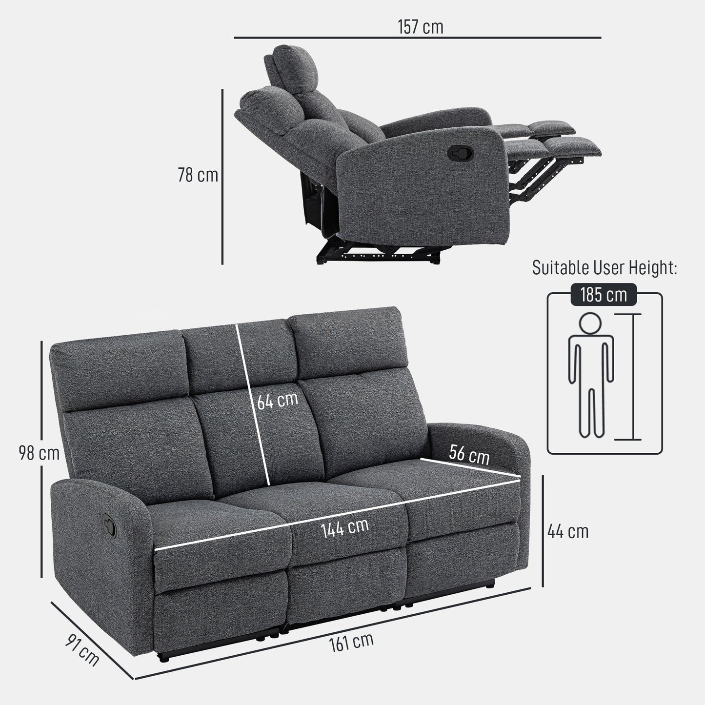 3-Seater Recliner Sofa, Adjustable Backrests, Grey Fabric