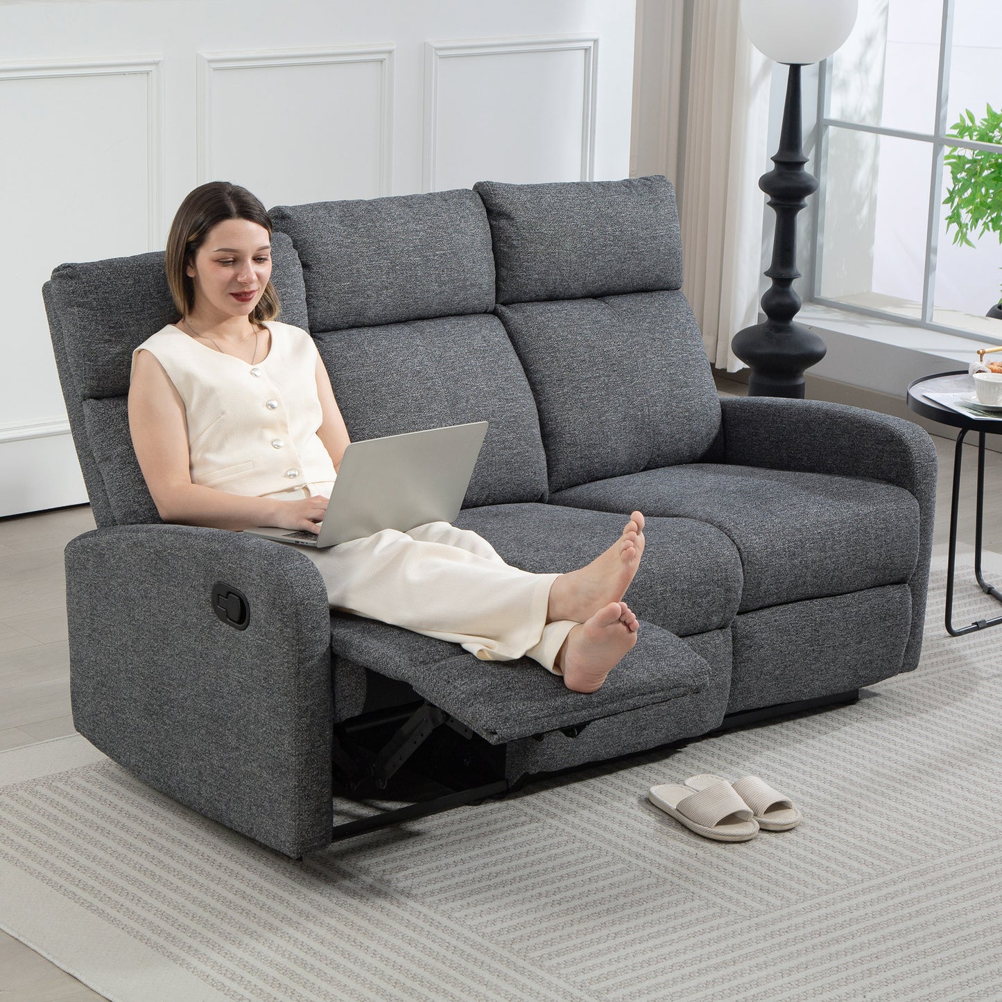 3-Seater Recliner Sofa, Adjustable Backrests, Grey Fabric