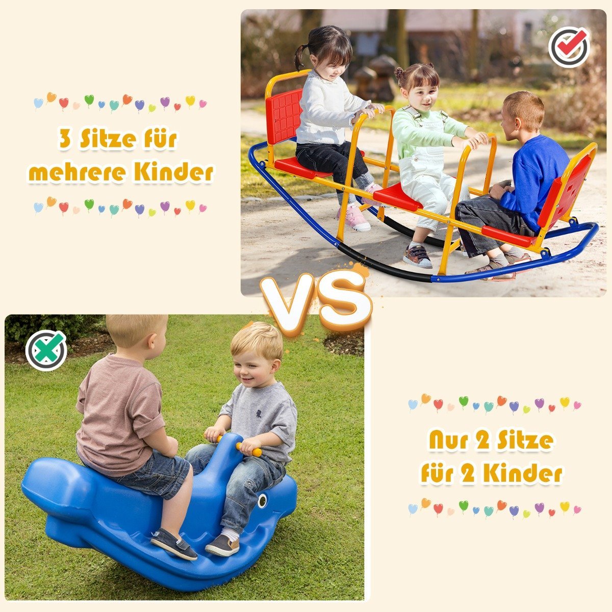 3 Seater Rocking Rocker Children's Rocker with Handles Heavy Duty Metal Children's Rocker 136 x 39 x 60 cm Colorful