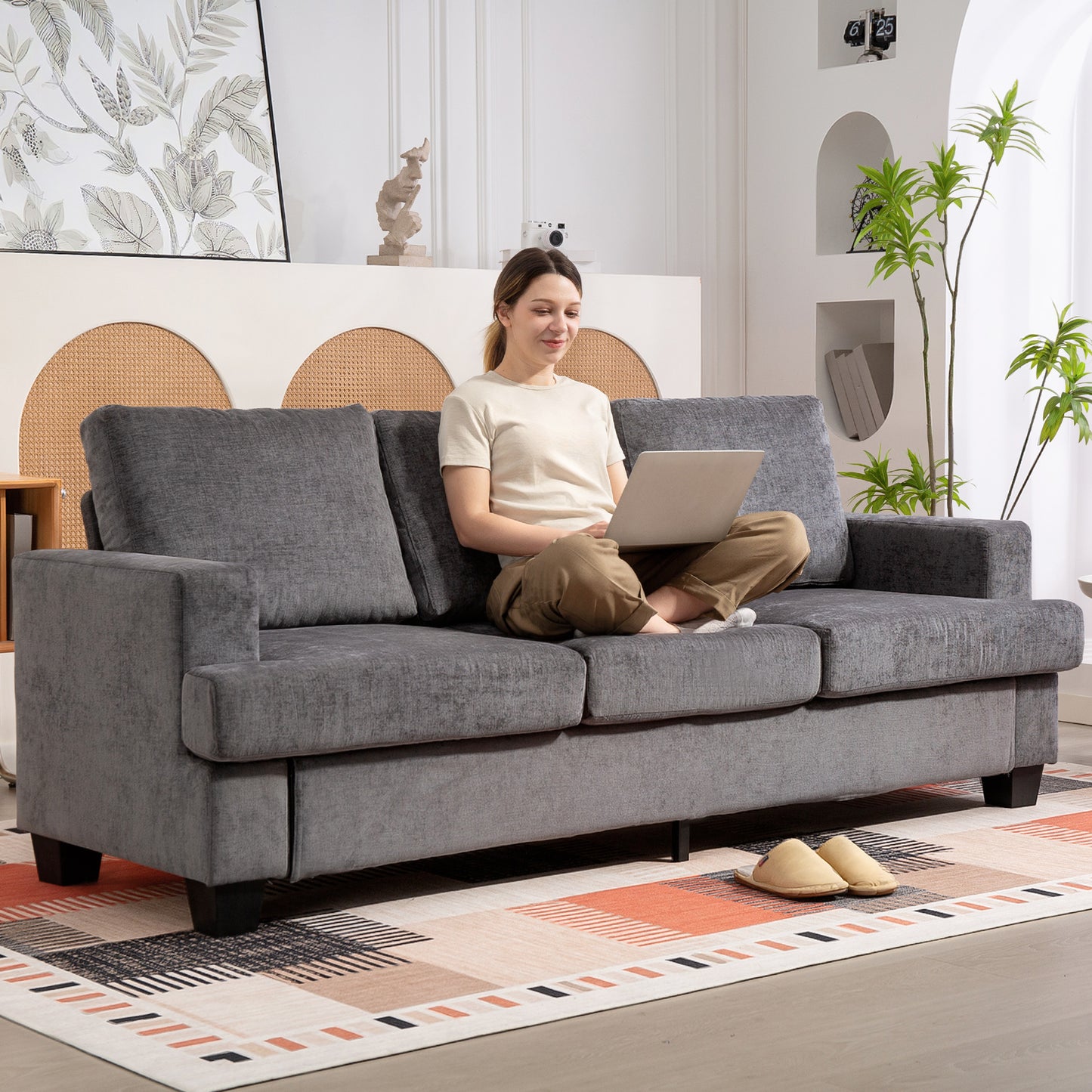 3-Seater Sofa, Grey Fabric Upholstery, Steel Frame