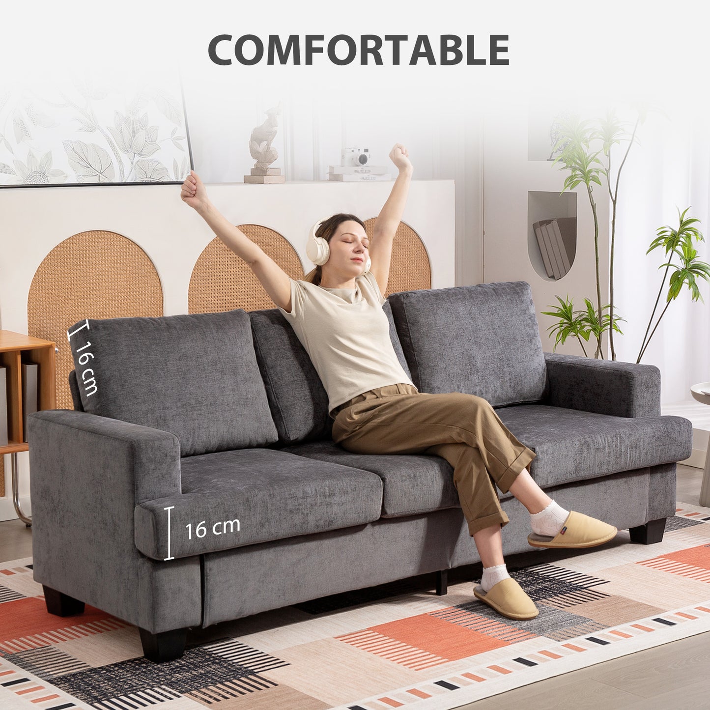 3-Seater Sofa, Grey Fabric Upholstery, Steel Frame