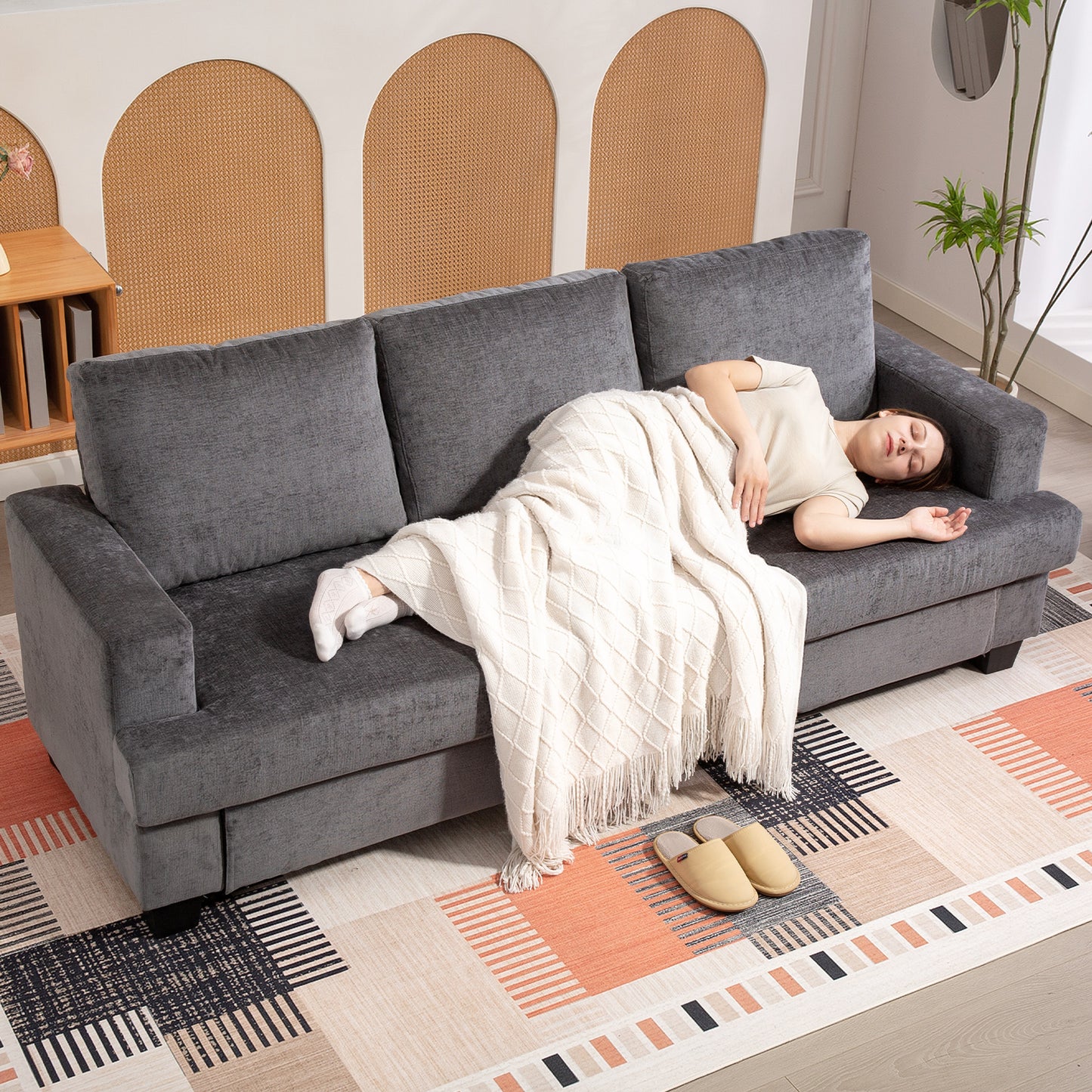3-Seater Sofa, Grey Fabric Upholstery, Steel Frame