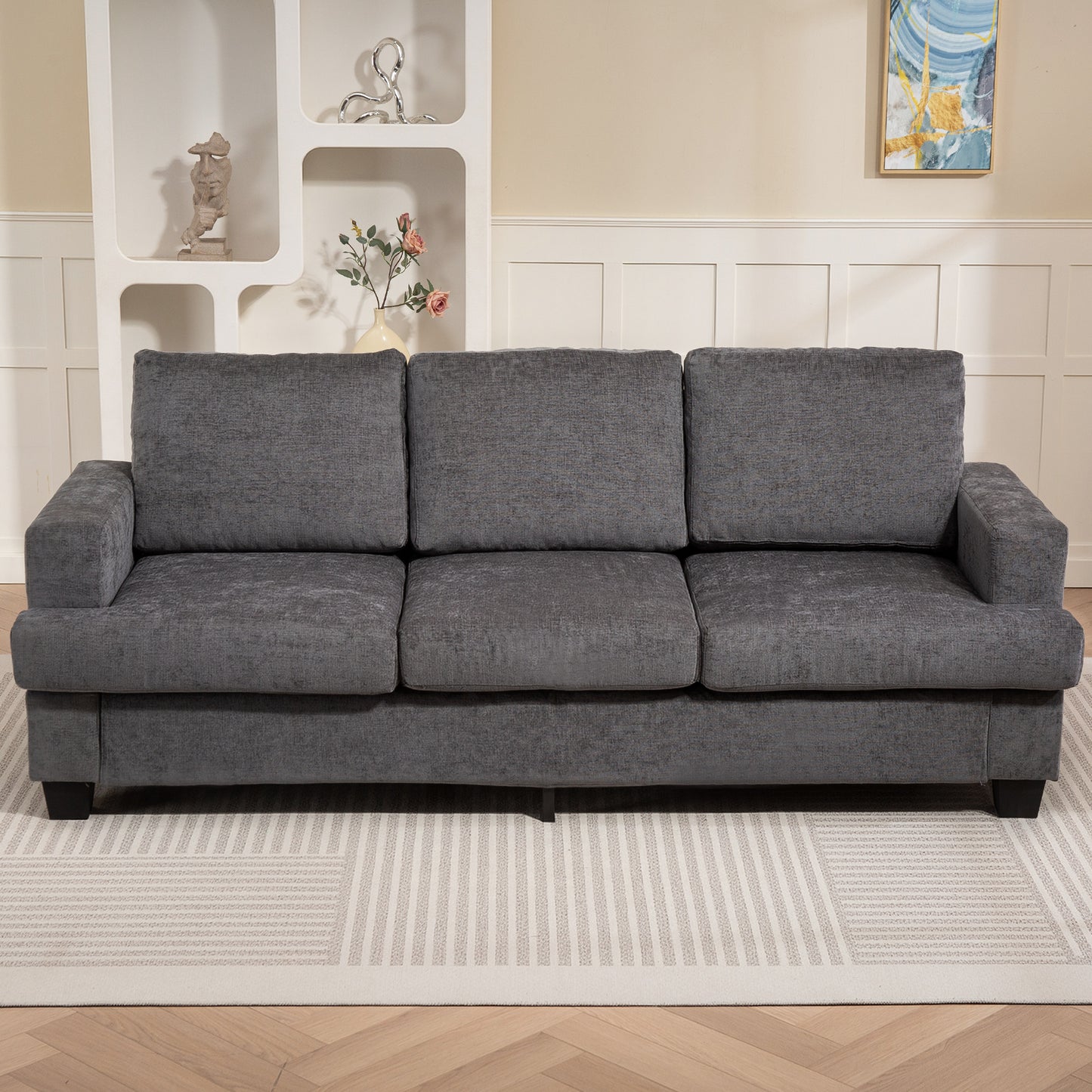 3-Seater Sofa, Grey Fabric Upholstery, Steel Frame