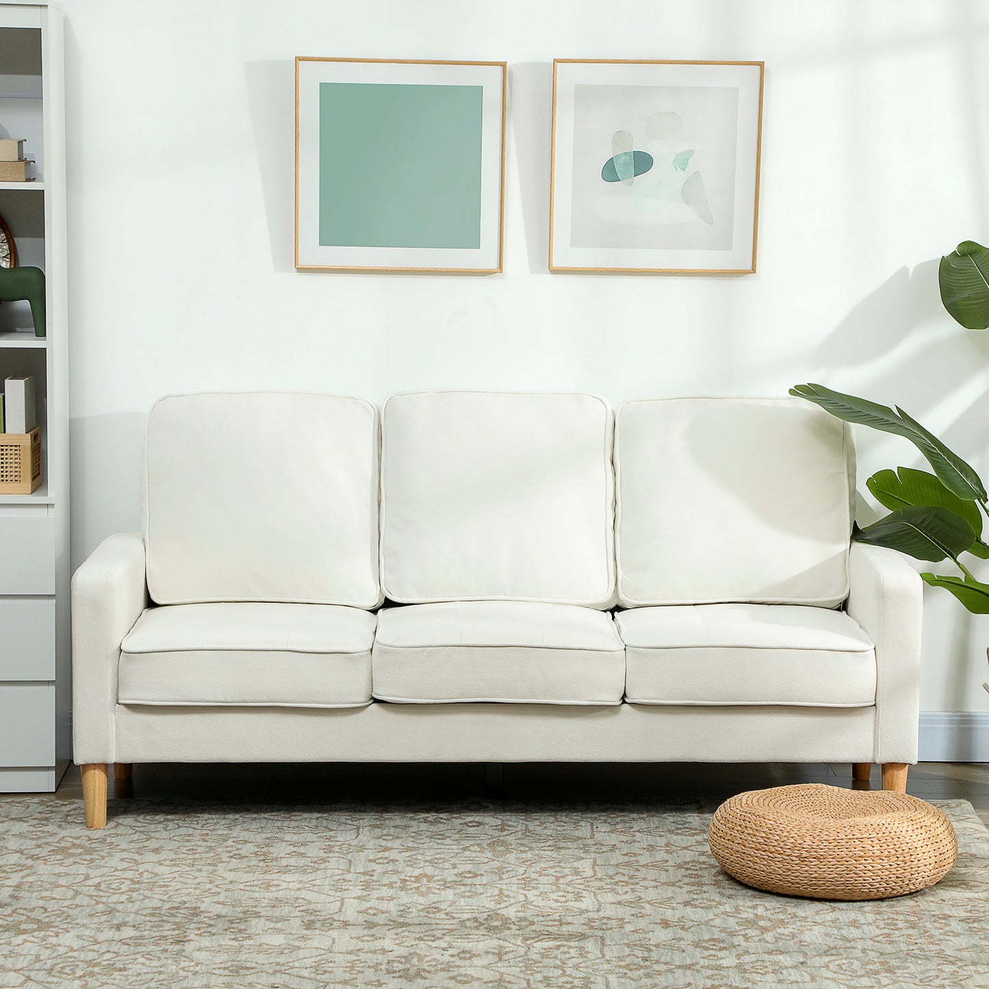 3-Seater Sofa, Thick Cushions, Rubberwood, Cream Fabric