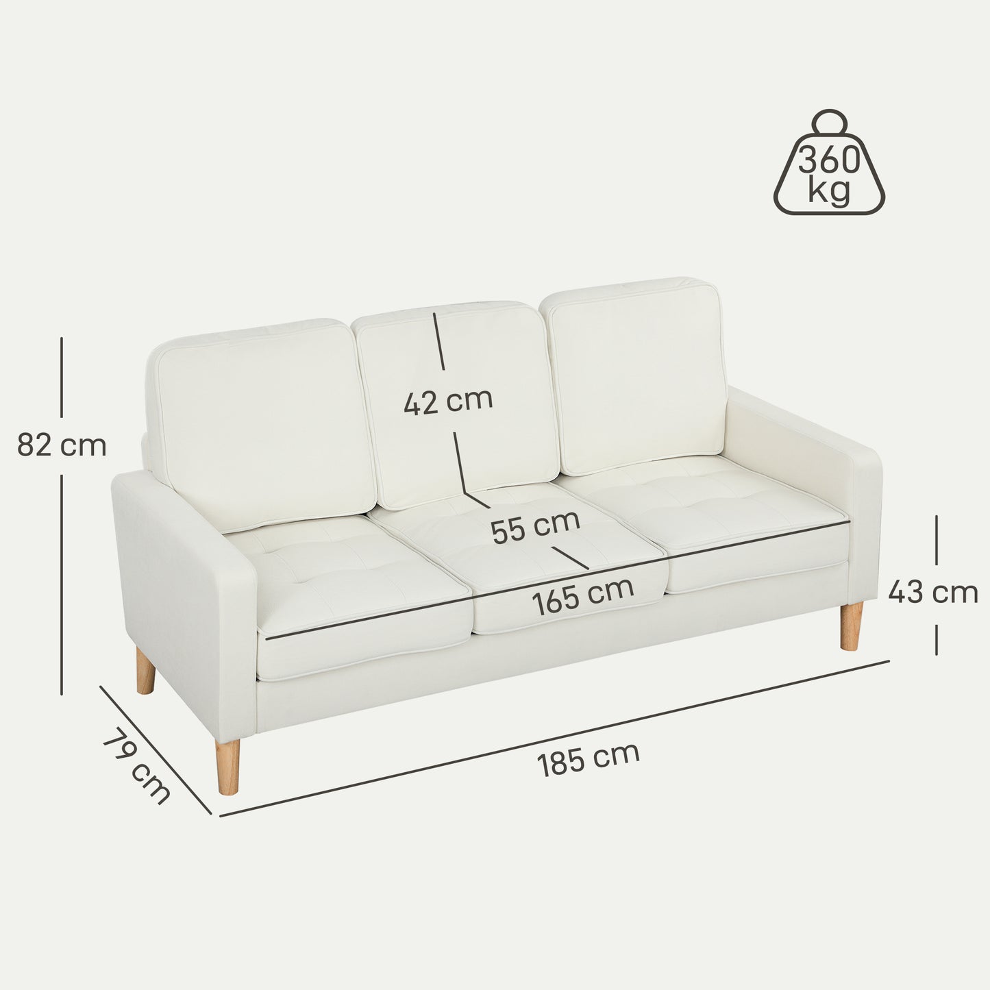3-Seater Sofa, Thick Cushions, Rubberwood, Cream Fabric