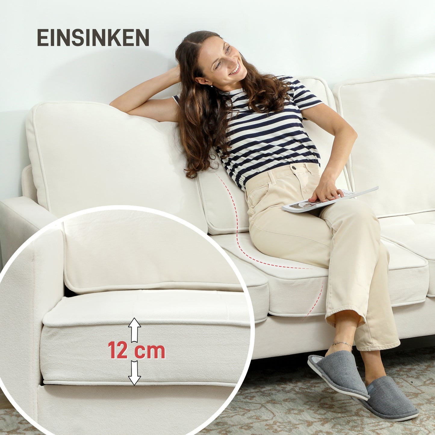 3-Seater Sofa, Thick Cushions, Rubberwood, Cream Fabric