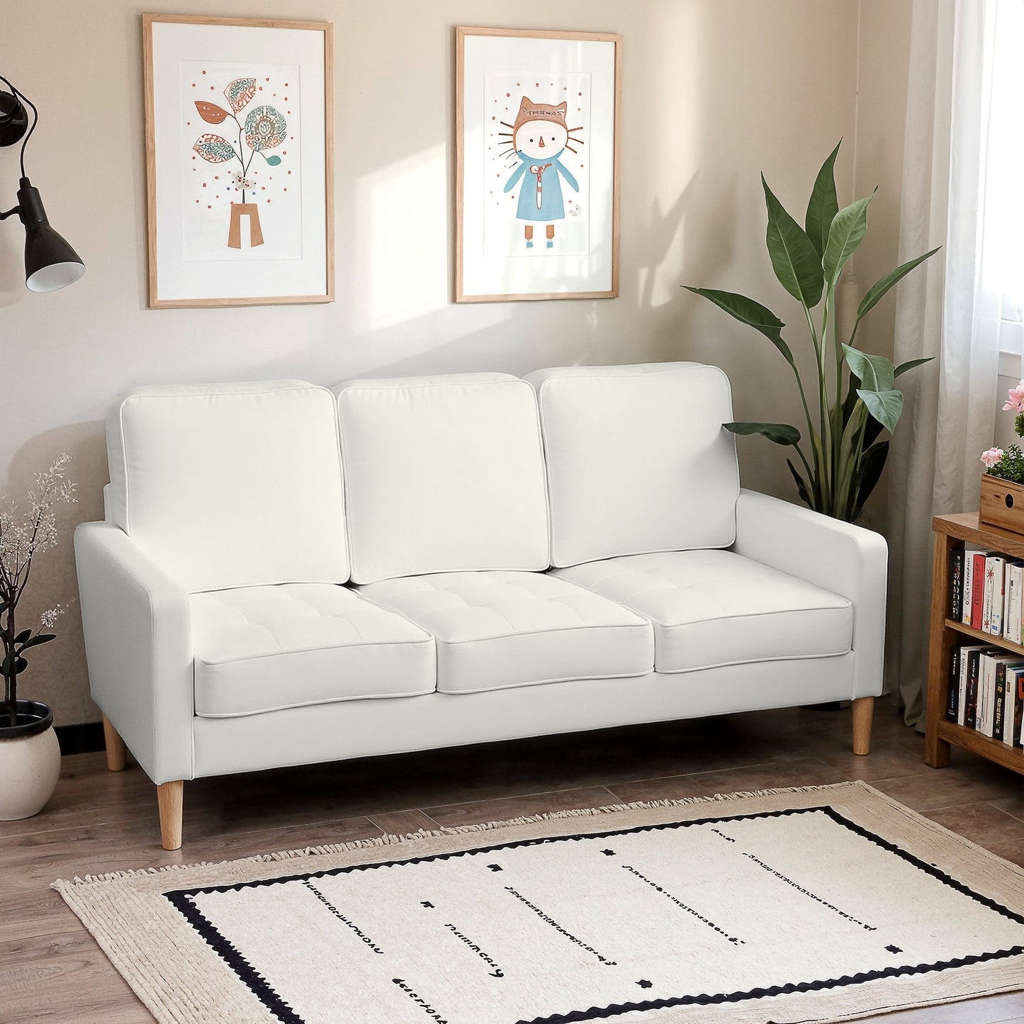 3-Seater Sofa, Thick Cushions, Rubberwood, Cream Fabric