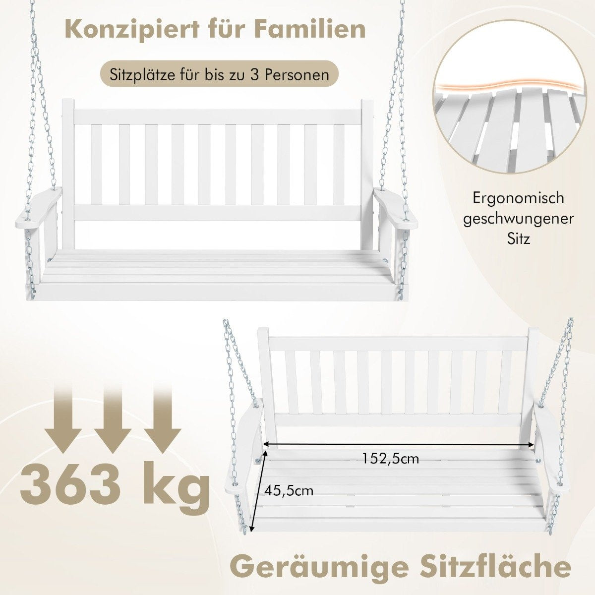 3-Seater Solid Wood Porch Swing, 360 kg Capacity, White