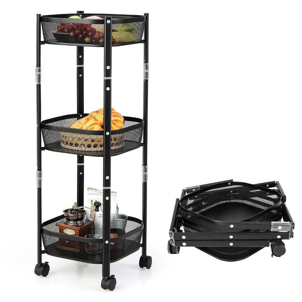 3-Tier All-Purpose Trolley Fruit or Vegetable Basket Stand 37.5 x 37.5 x 87 cm Black