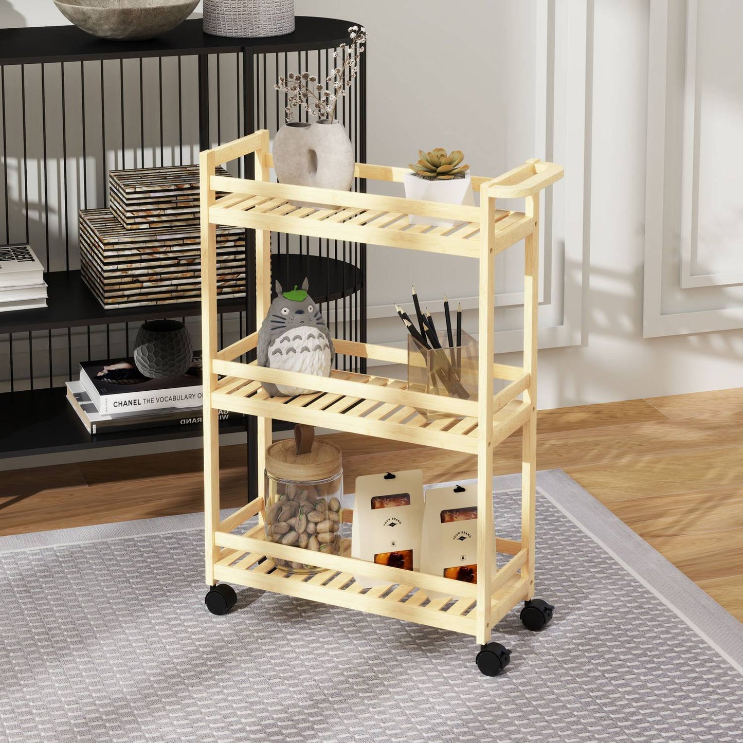 3-story bamboo kitchen trolley with wheels and handle