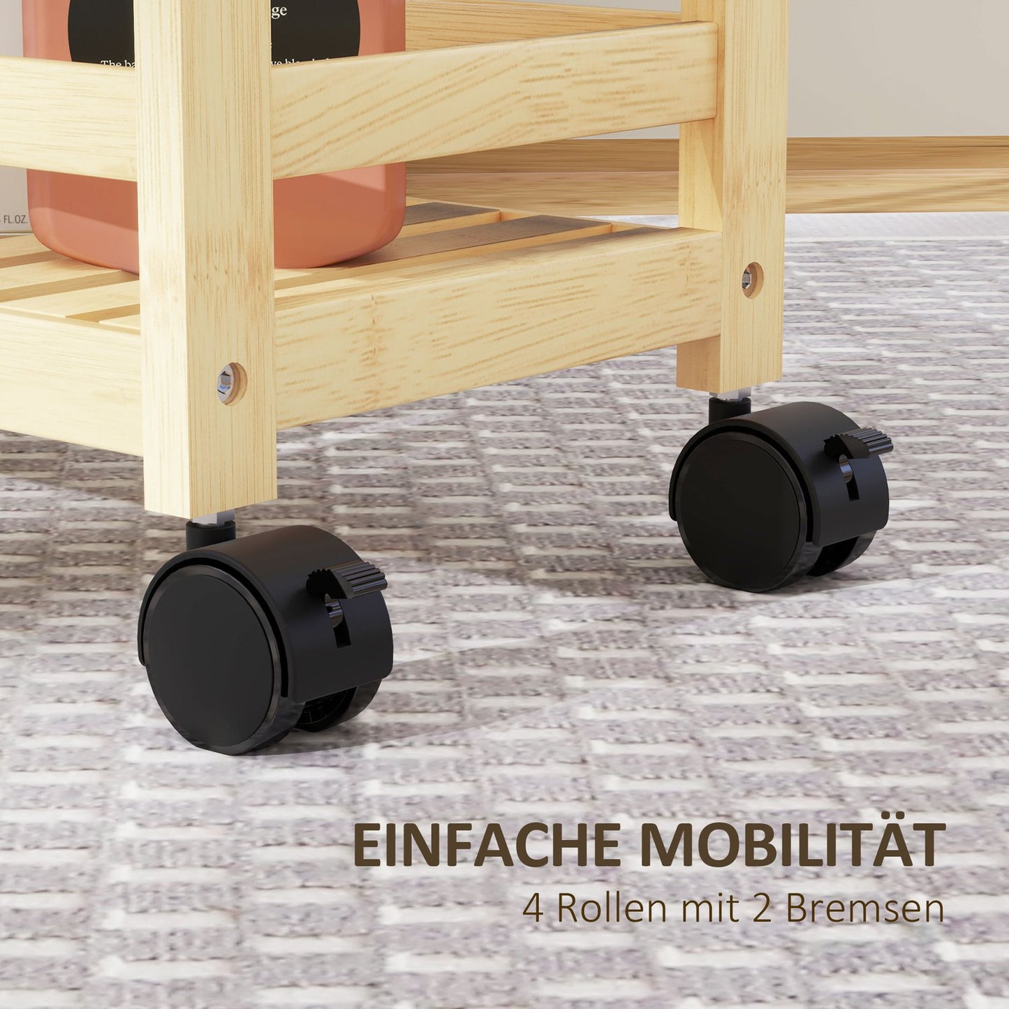3-story bamboo kitchen trolley with wheels and handle