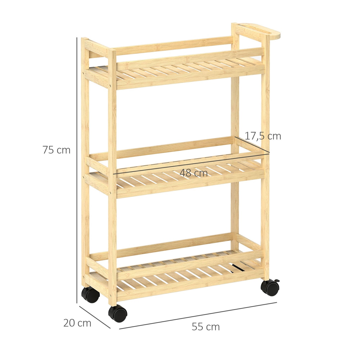 3-story bamboo kitchen trolley with wheels and handle